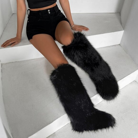 ⚡Women Black Faux Fur Fluffy Cosy Round Toe Knee High Warm Outdoor Fur Boot - Picture 3 of 7